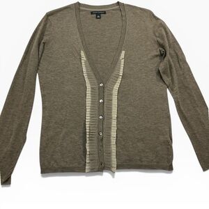 Banana Republic Khaki-Brown V-Neck Button Front Pleated Ribbon Trim Cardigan SzM